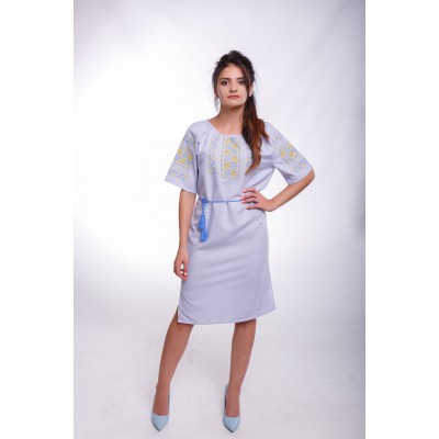 Embroidered Classic Dress "Rose Garden" Light Gray